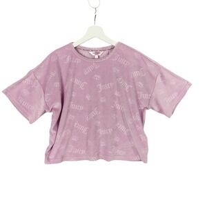 Juicy Couture Womens Velvet Boxy Crop Logo Spell Out All Over Top Short Sleeve L